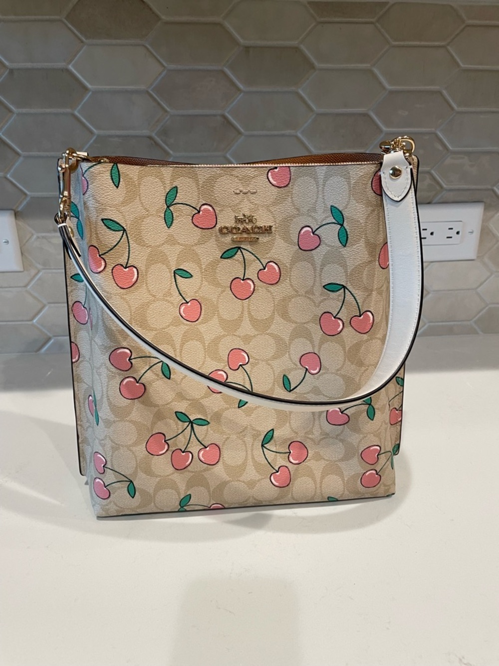 NWOT Coach Beige Signature Cherry Shoulder Bag with Pink Accents